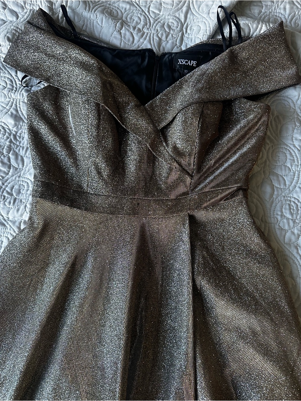 Xscape Copper Glitter Off-the-Shoulder Gown - Picture 3 of 5
